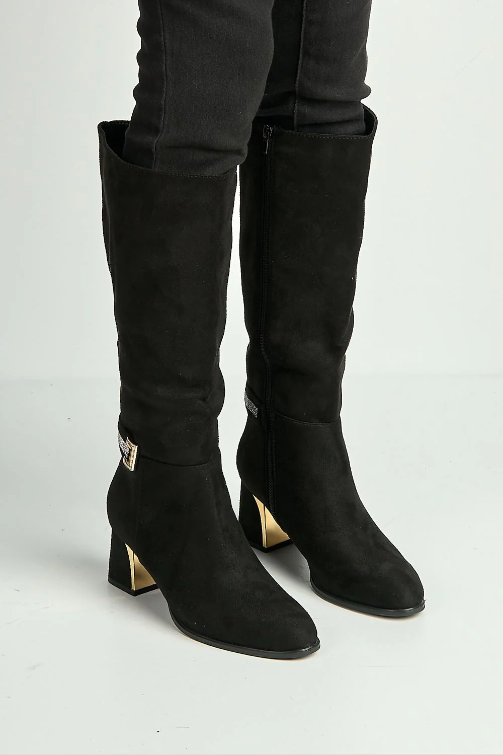 Serenity Gold & Diamante Trim Block Heel Knee High Boots in Black