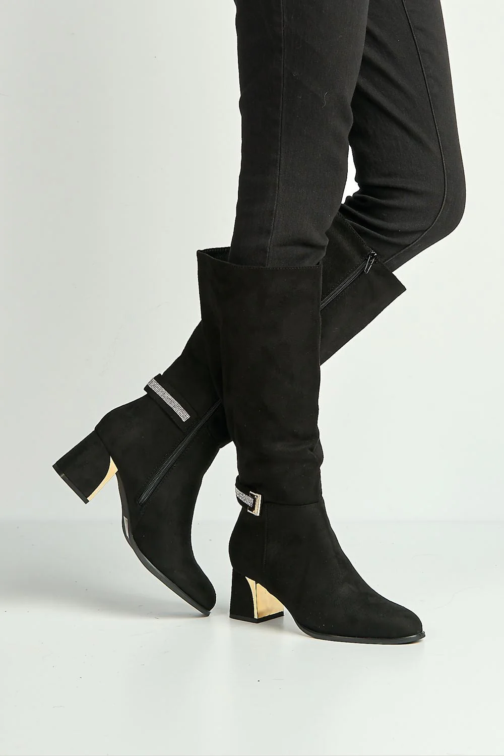 Serenity Gold & Diamante Trim Block Heel Knee High Boots in Black - Image 2
