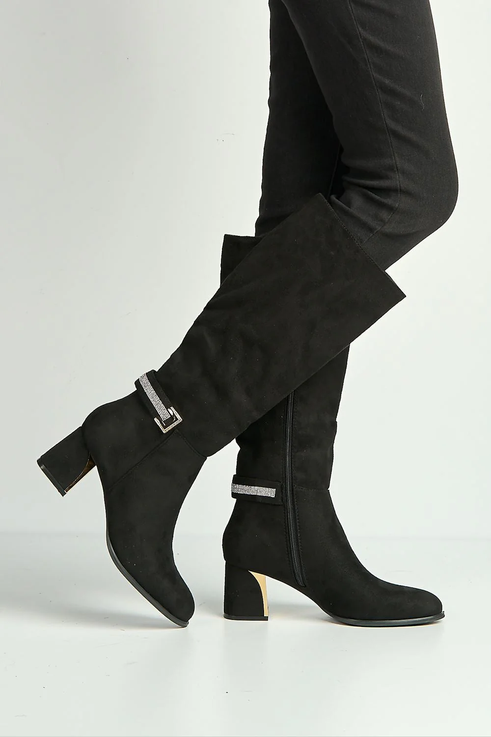 Serenity Gold & Diamante Trim Block Heel Knee High Boots in Black - Image 3