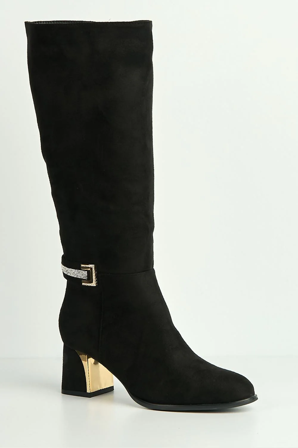 Serenity Gold & Diamante Trim Block Heel Knee High Boots in Black - Image 4