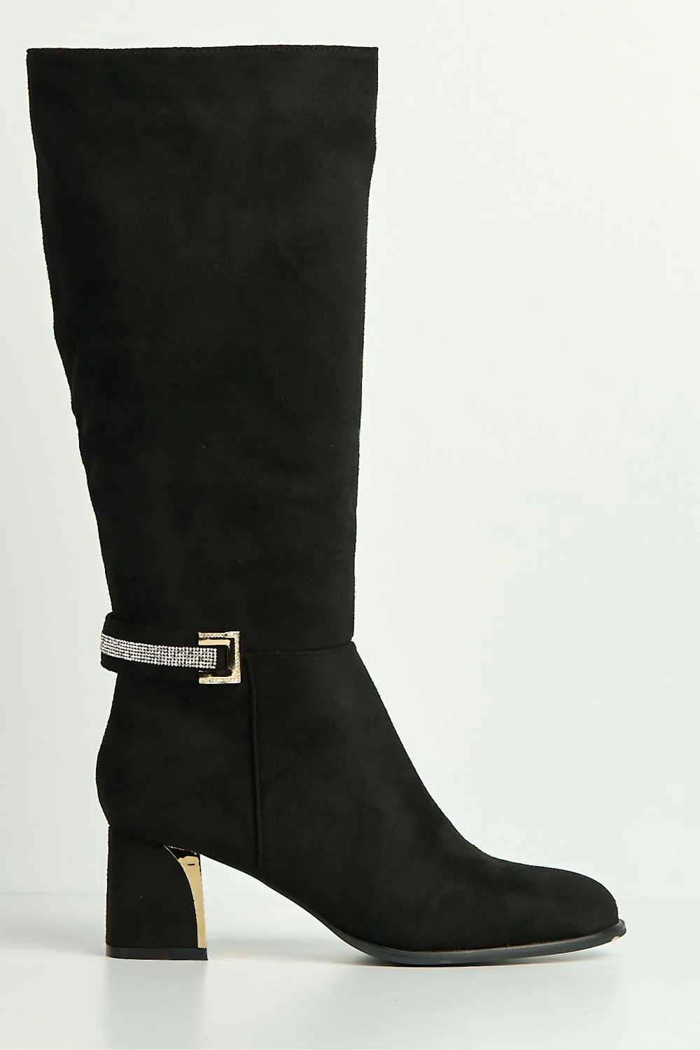Serenity Gold & Diamante Trim Block Heel Knee High Boots in Black - Image 5