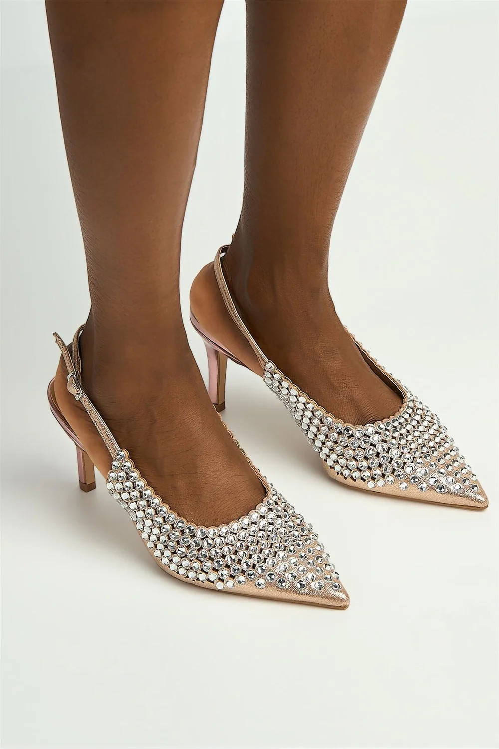 Seriea Mirror Encrusted Slingback Court Shoes in Rose Gold - Image 3