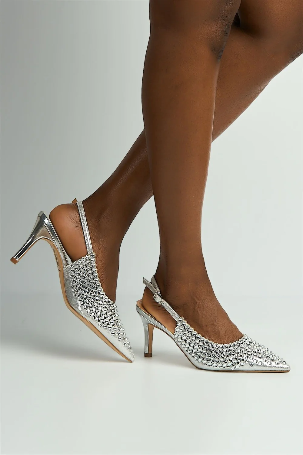 Seriea Mirror Encrusted Slingback Court Shoes in Silver - Image 2