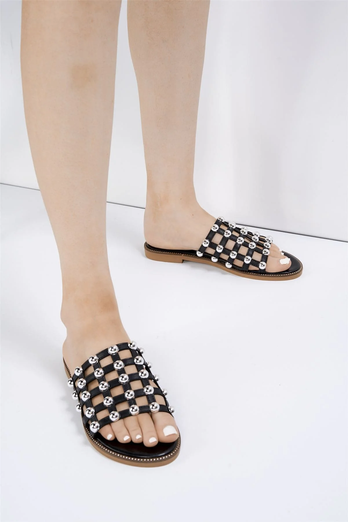 Shakira Stud Caged Detail Open Toe Flat Sliders In Black - Image 3