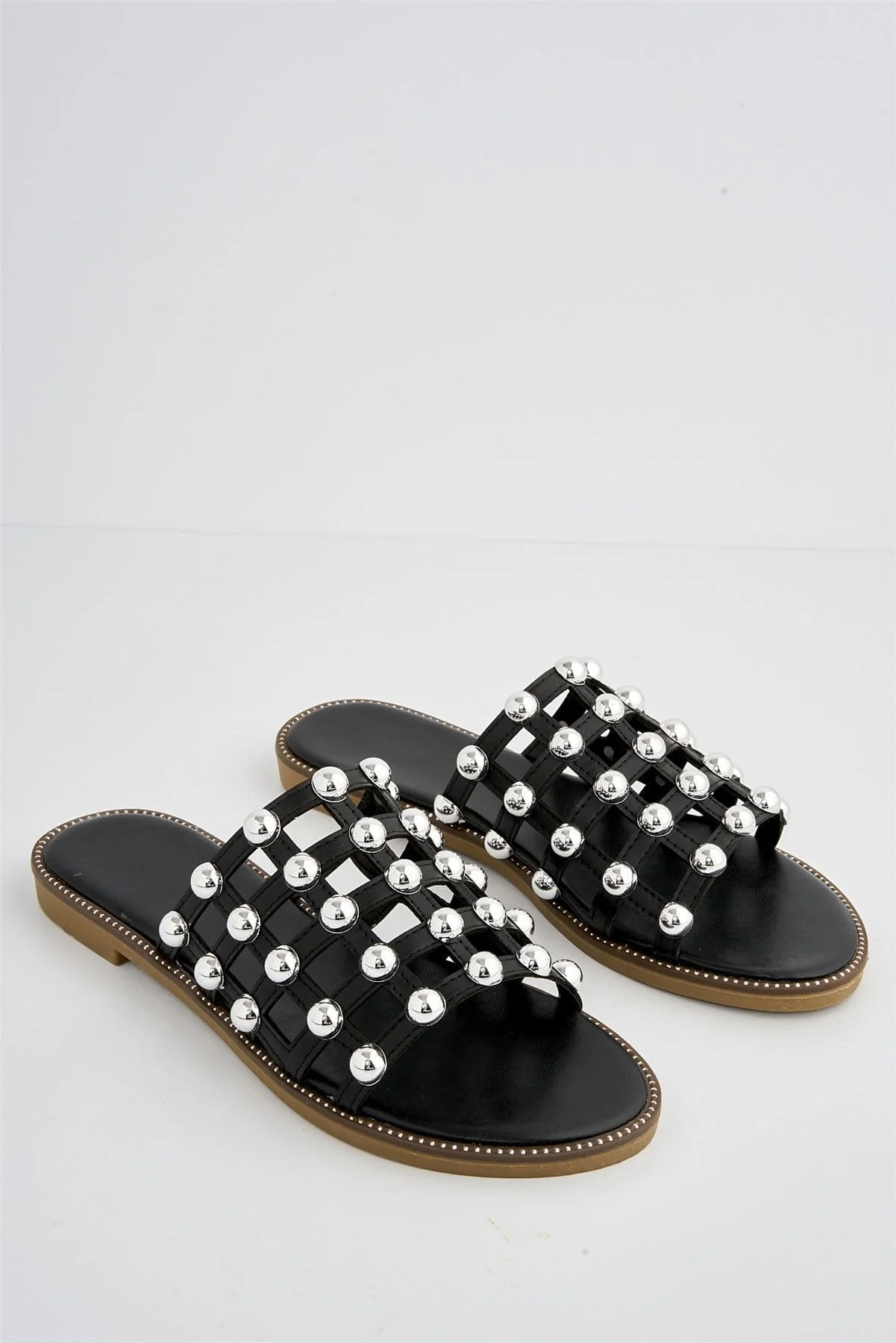 Shakira Stud Caged Detail Open Toe Flat Sliders In Black - Image 5