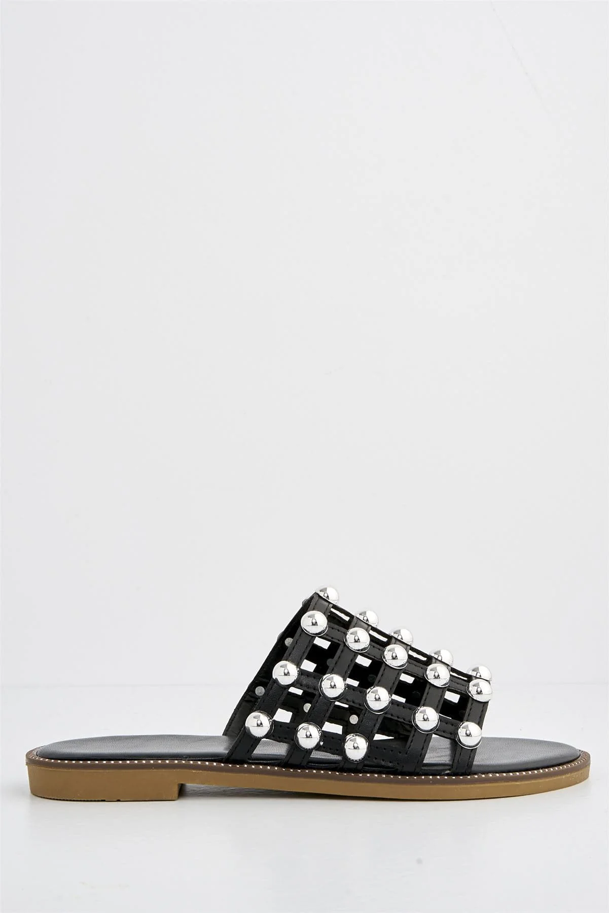 Shakira Stud Caged Detail Open Toe Flat Sliders In Black - Image 6