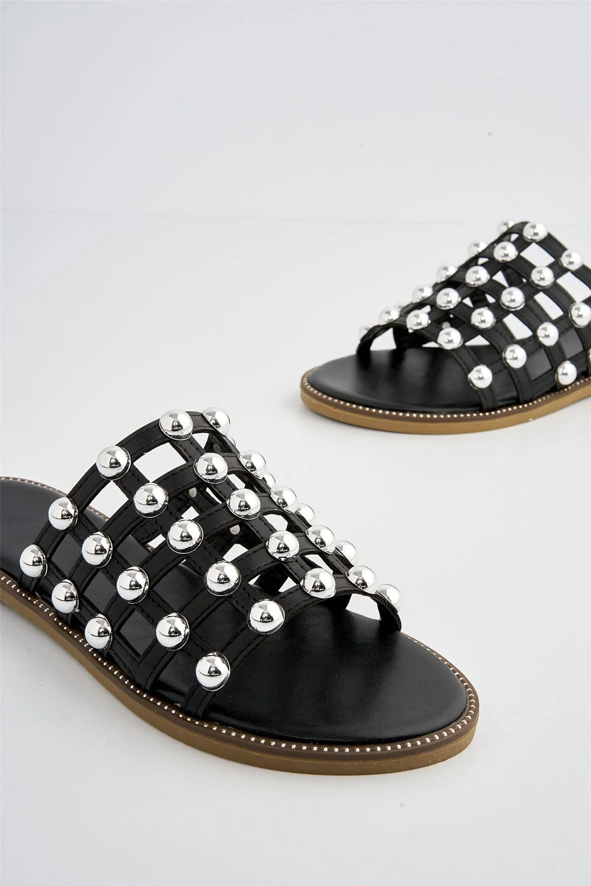 Shakira Stud Caged Detail Open Toe Flat Sliders In Black - Image 7