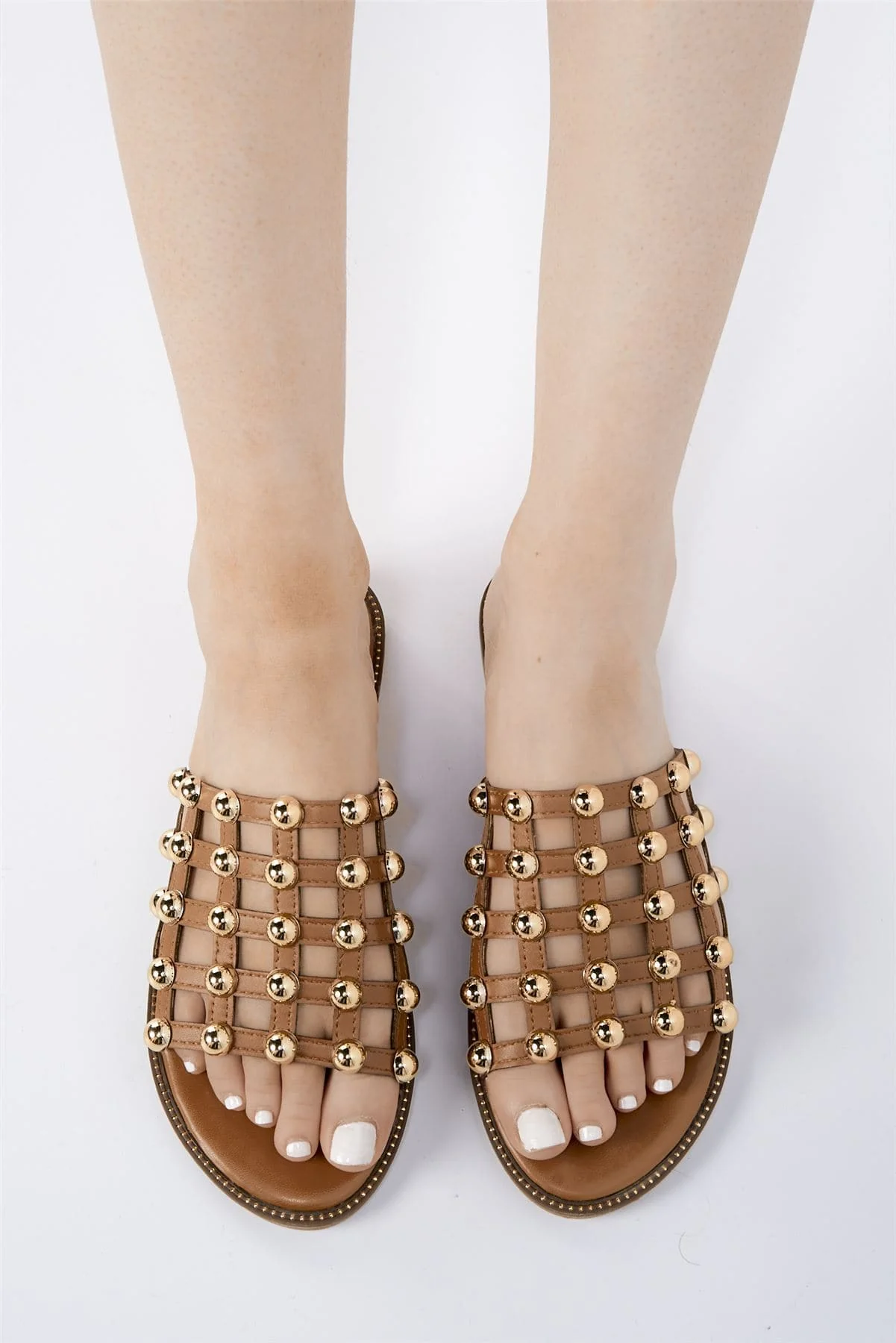 Shakira Stud Caged Detail Open Toe Flat Sliders In Tan