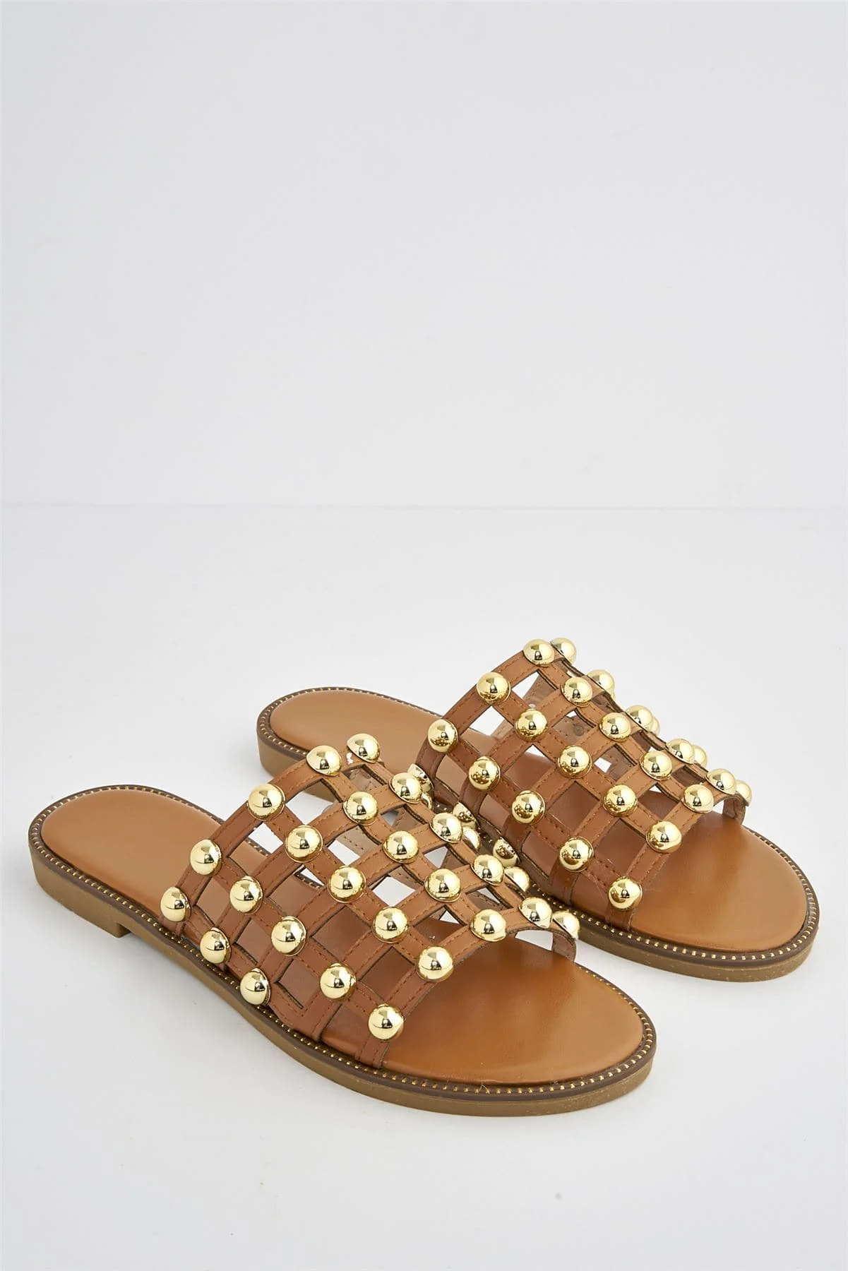 Shakira Stud Caged Detail Open Toe Flat Sliders In Tan - Image 4