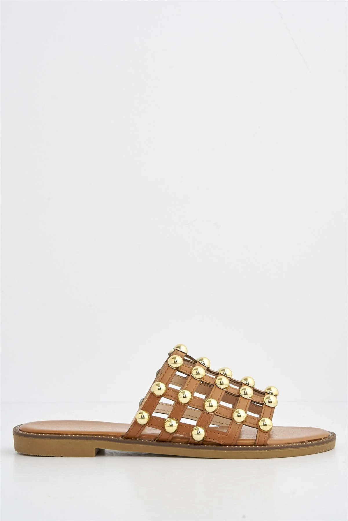 Shakira Stud Caged Detail Open Toe Flat Sliders In Tan - Image 5