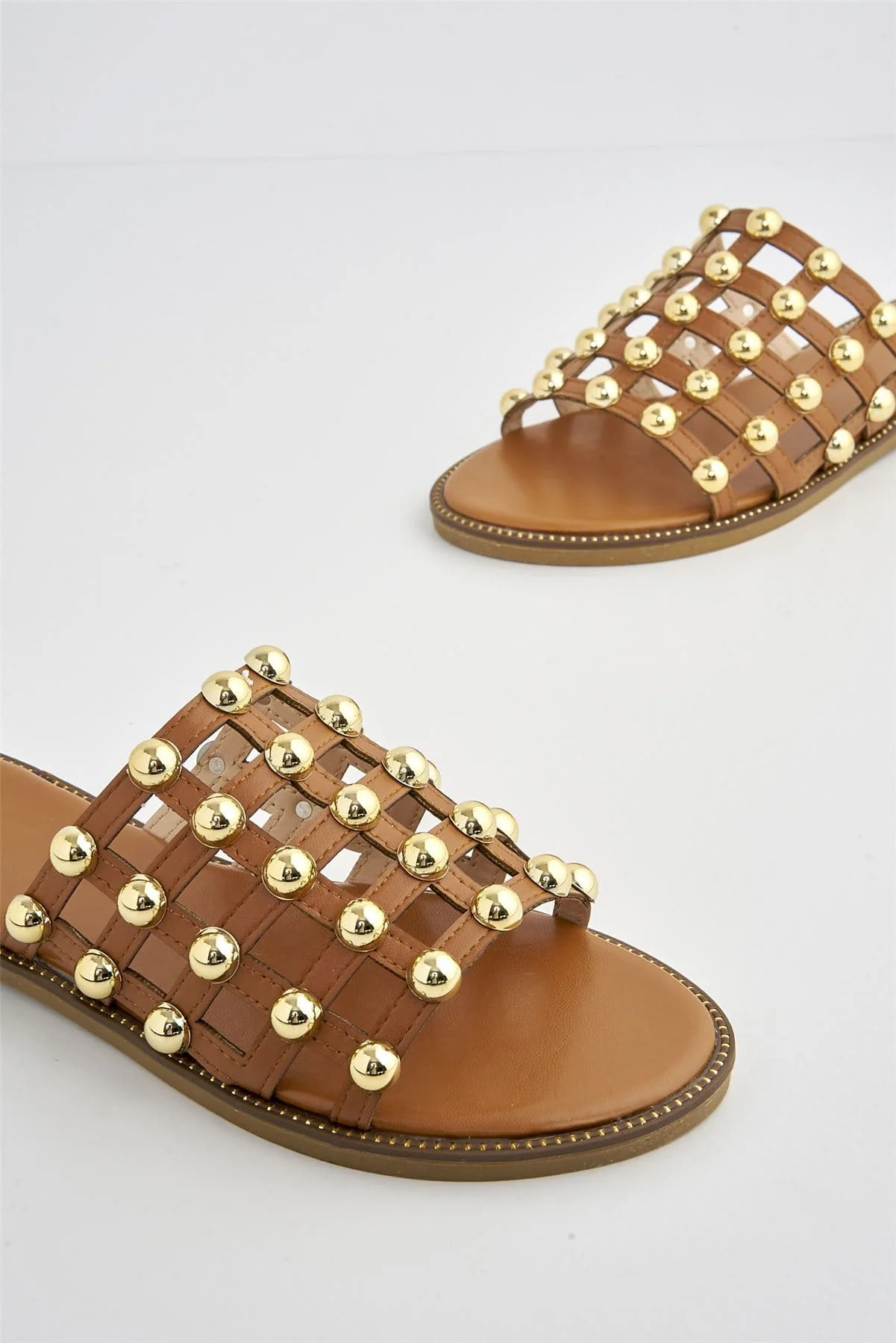 Shakira Stud Caged Detail Open Toe Flat Sliders In Tan - Image 6