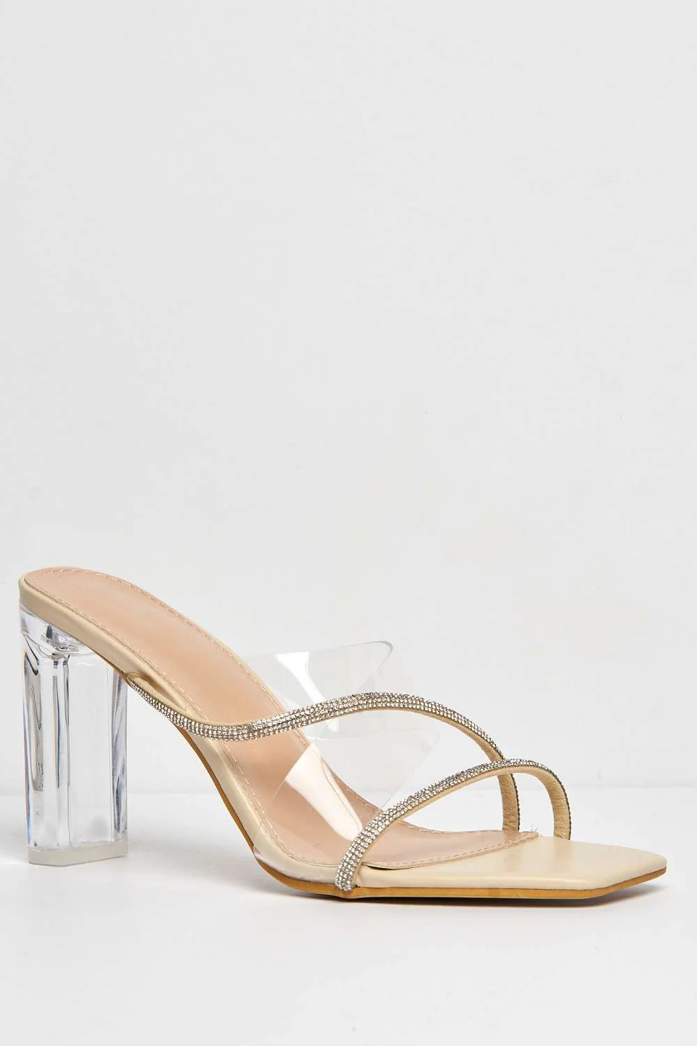 Sharon Diamante Embellished Perspex Block Heels in Nude - Image 4