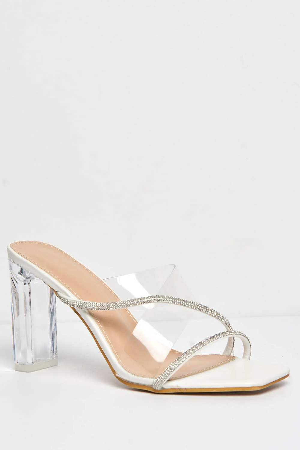 Sharon Diamante Embellished Perspex Block Heels in White - Image 4