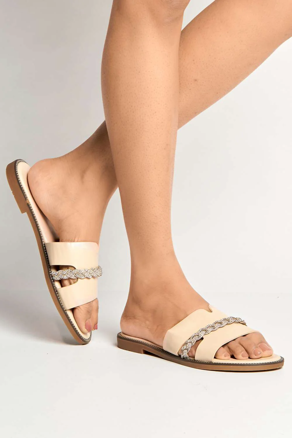 Shaz Diamante Embellished Sliders in Nude - Image 2