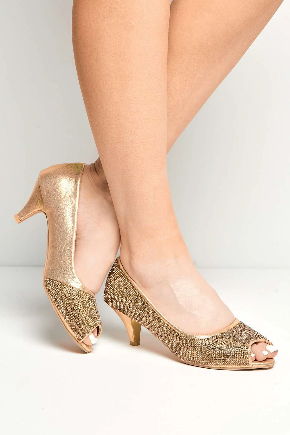 Sheema Diamante Embellished Peep Toe Low Heels in Gold - Image 2