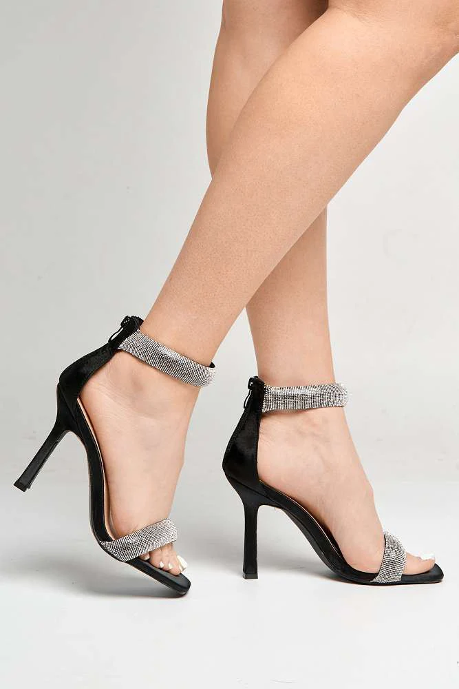 Shelly Diamante Embellished Heeled Sandals in Black - Image 3