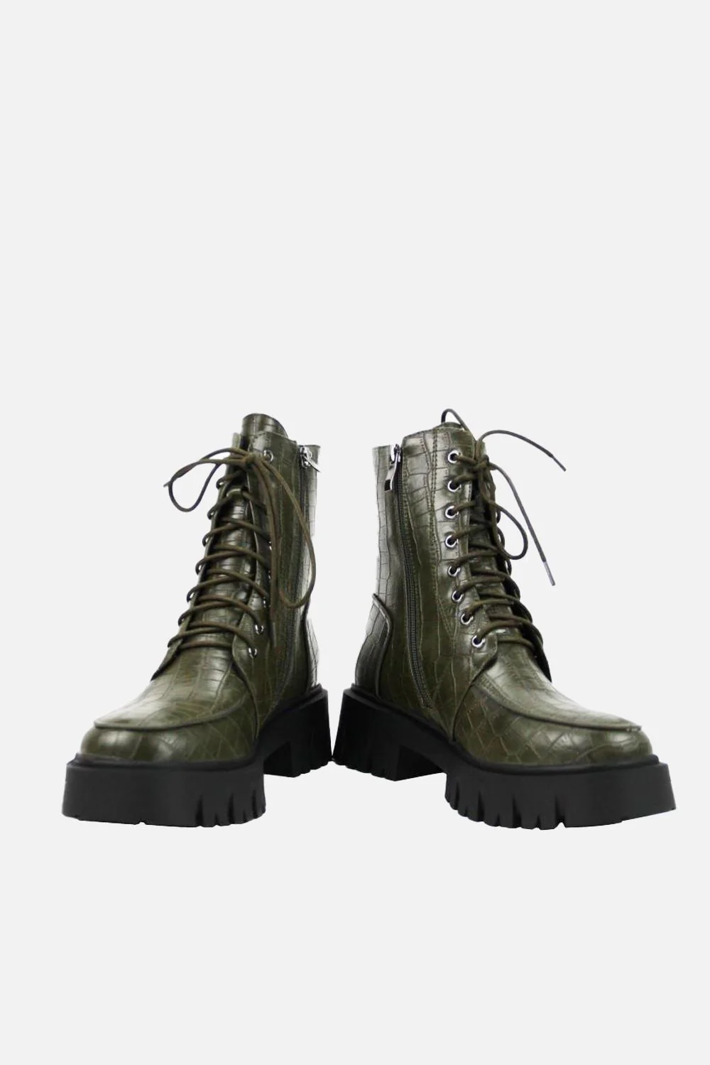 Shirmyl Chunky Sole Lace-up Biker Ankle Boots in Olive - Image 2