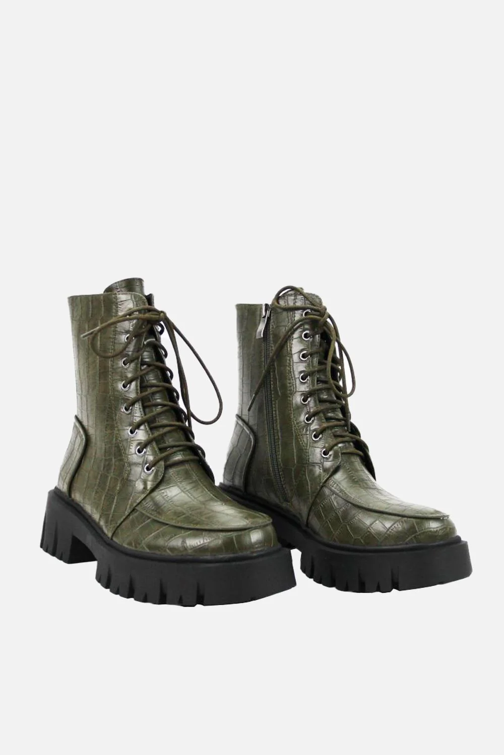 Shirmyl Chunky Sole Lace-up Biker Ankle Boots in Olive - Image 3