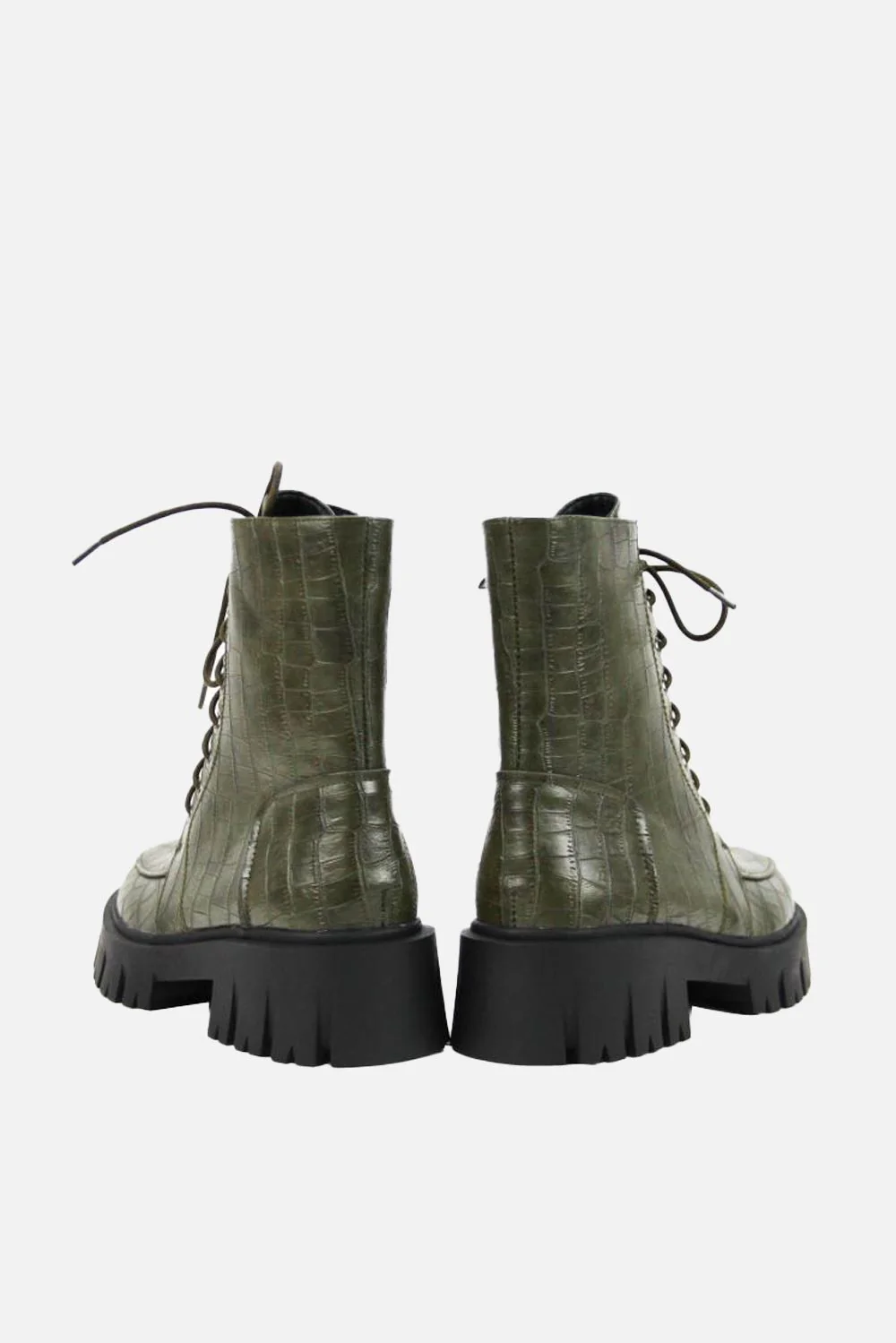 Shirmyl Chunky Sole Lace-up Biker Ankle Boots in Olive - Image 4