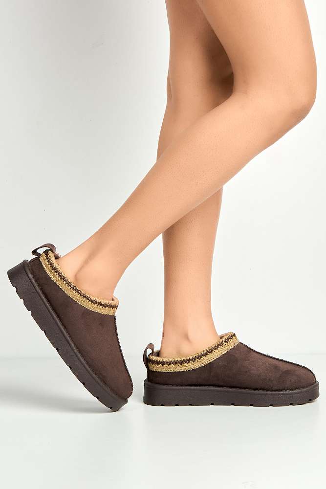 Sigrid Embroidered Faux Fur Lining Slippers in Brown - Image 3