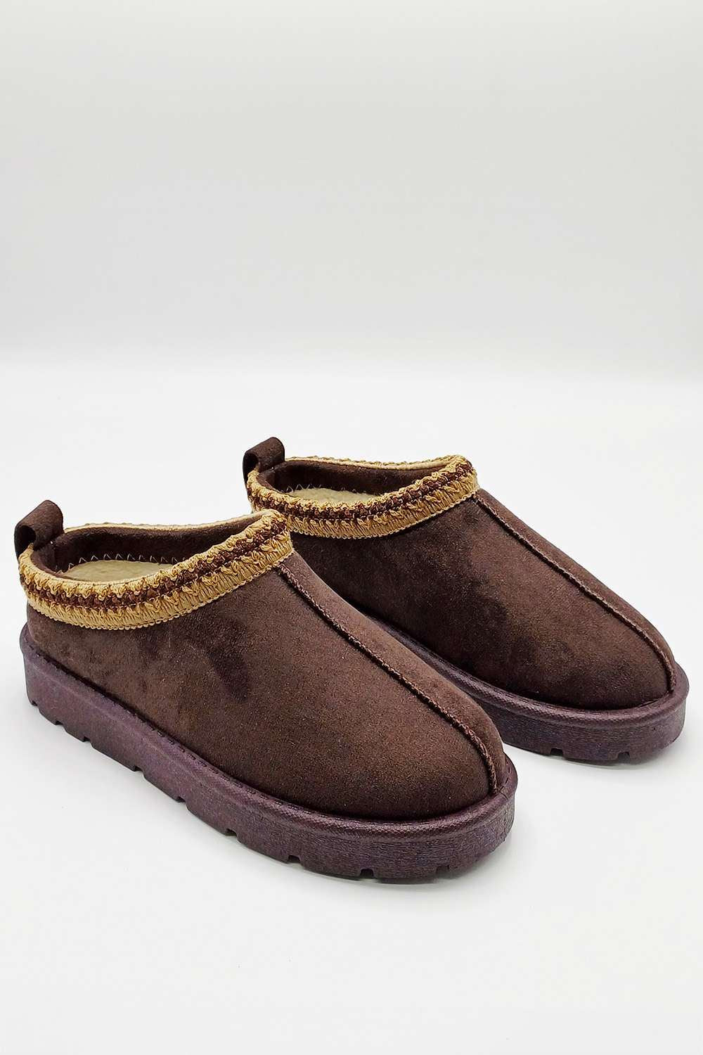 Sigrid Embroidered Faux Fur Lining Slippers in Brown - Image 4