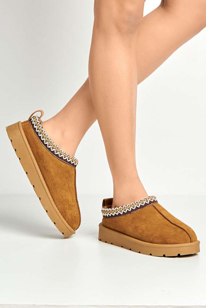 Sigrid Embroidered Faux Fur Lining Slippers in Camel - Image 2
