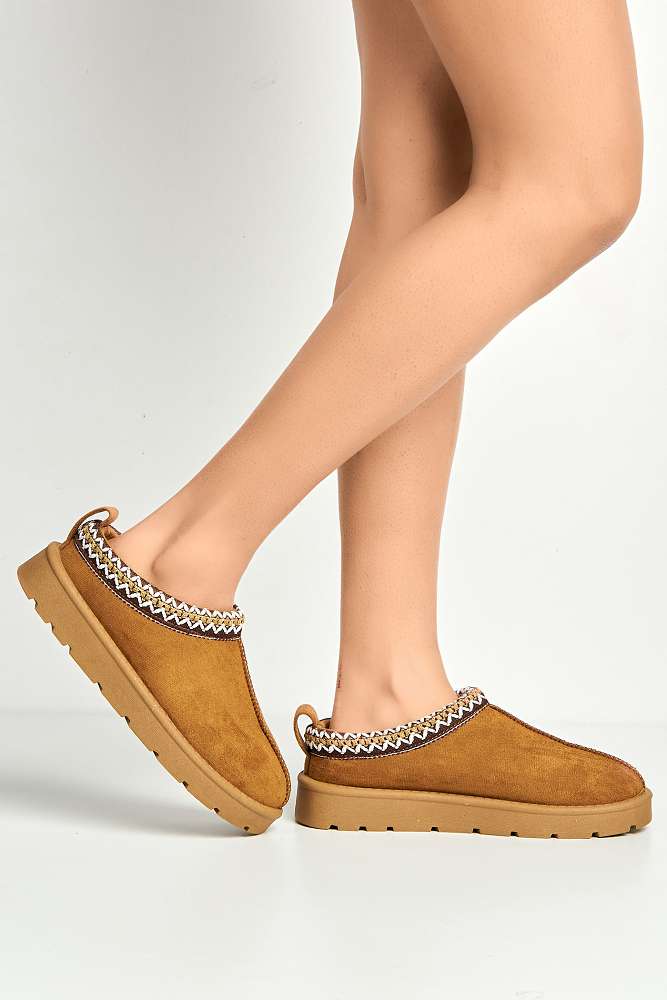 Sigrid Embroidered Faux Fur Lining Slippers in Camel - Image 3
