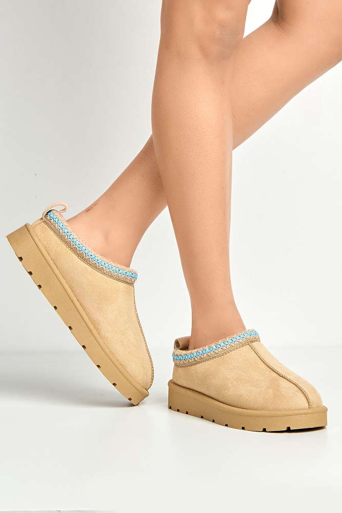 Sigrid Embroidered Faux Fur Lining Slippers in Taupe - Image 2