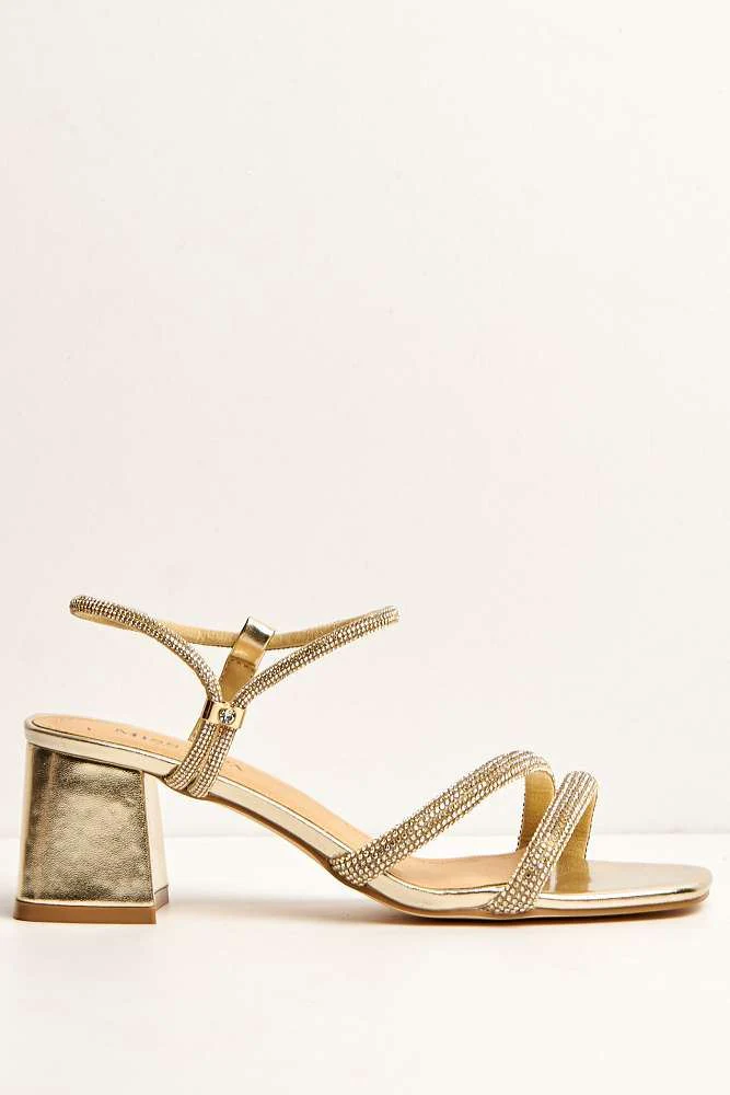 Silas Diamante Embellished Wide Fit Block Heel Sandals in Gold - Image 4