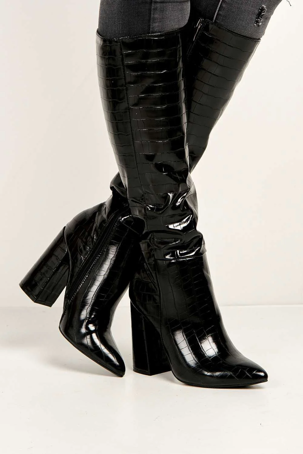 Simran Pointed Toe Knee High Boots with Zip in Black Croc - Image 2