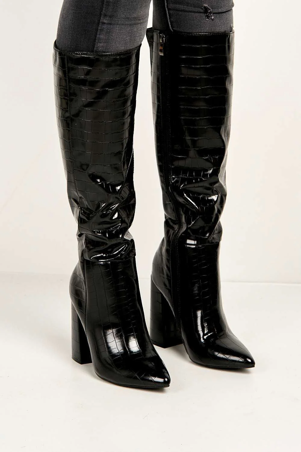 Simran Pointed Toe Knee High Boots with Zip in Black Croc - Image 3