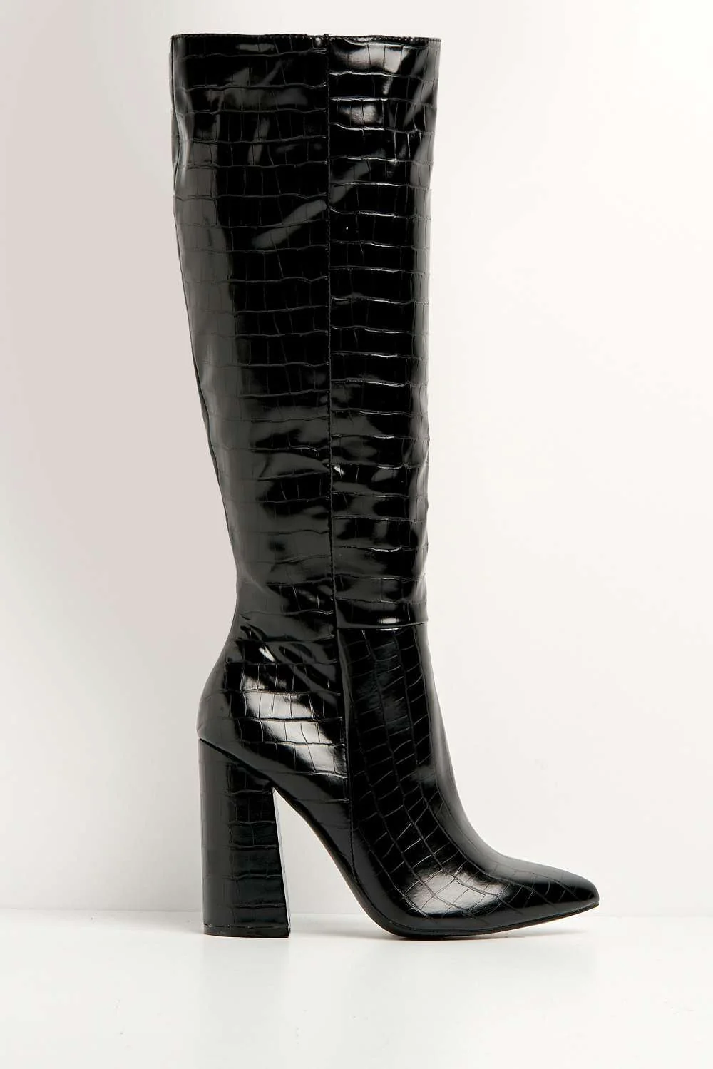 Simran Pointed Toe Knee High Boots with Zip in Black Croc - Image 4