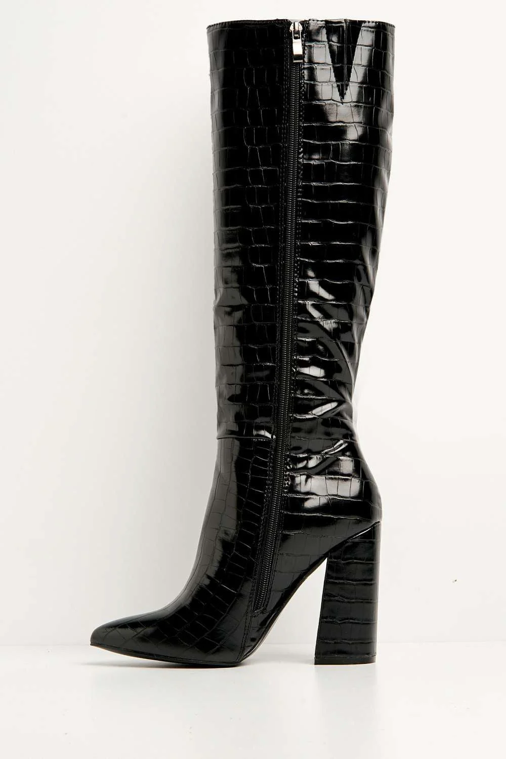 Simran Pointed Toe Knee High Boots with Zip in Black Croc - Image 5