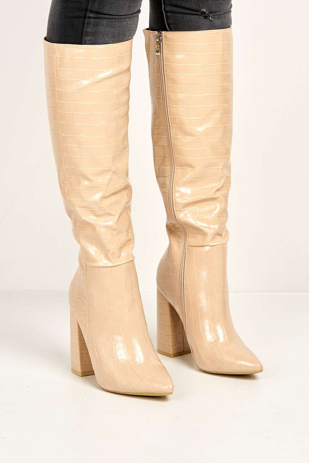 Simran Pointed Toe Knee High Boots with Zip in Nude Croc - Image 2