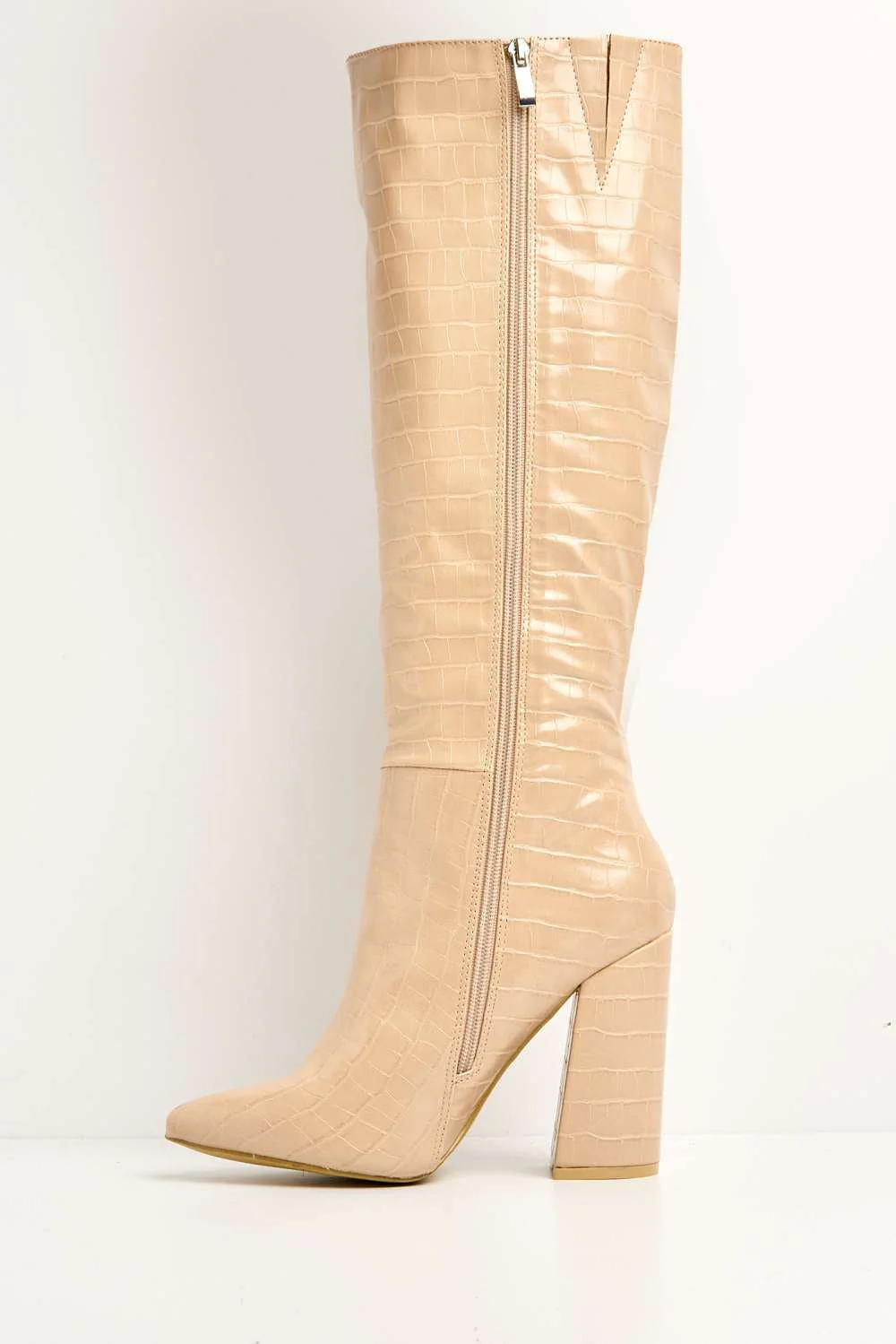 Simran Pointed Toe Knee High Boots with Zip in Nude Croc - Image 5