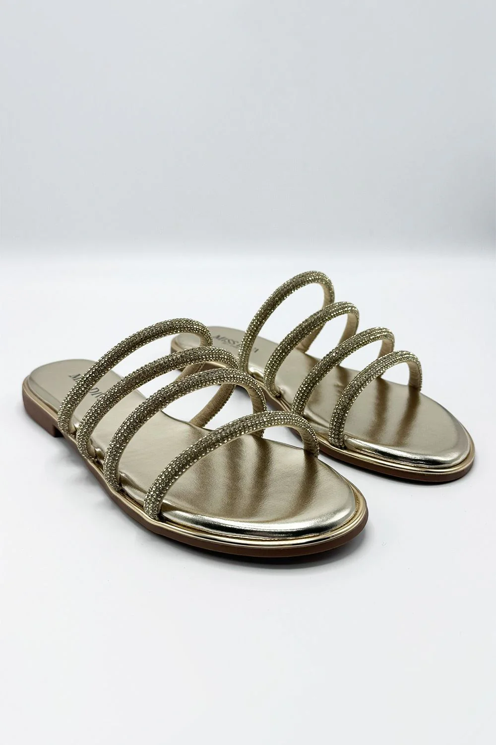 Sirra Diamante Embellished 4 Strap Sliders in Gold - Image 2