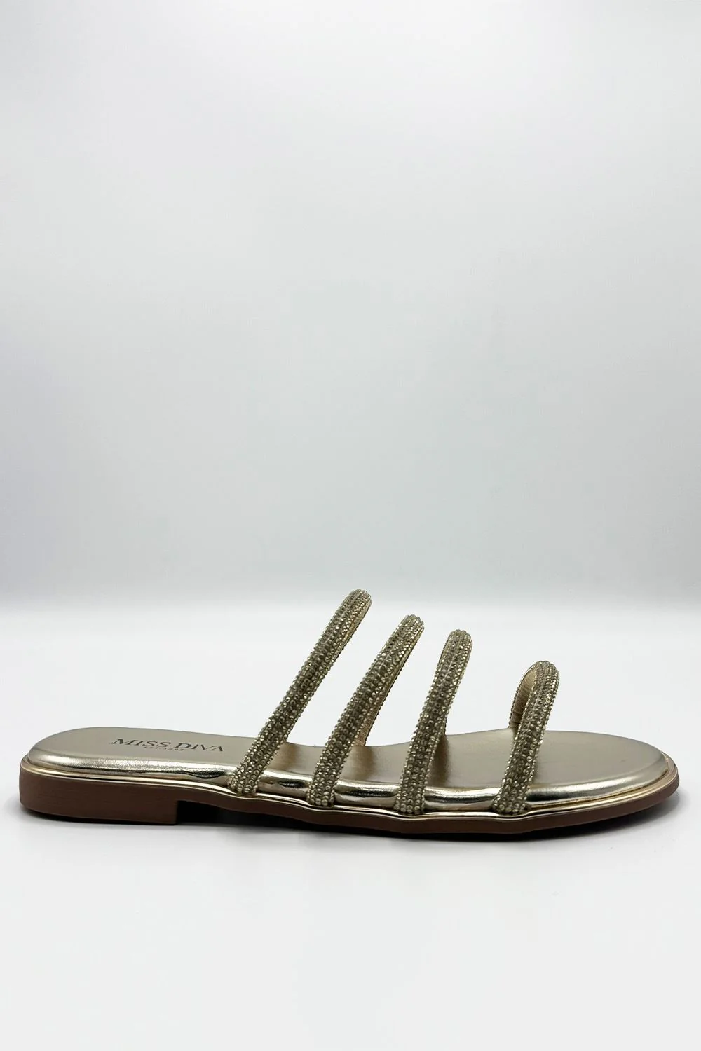 Sirra Diamante Embellished 4 Strap Sliders in Gold - Image 3