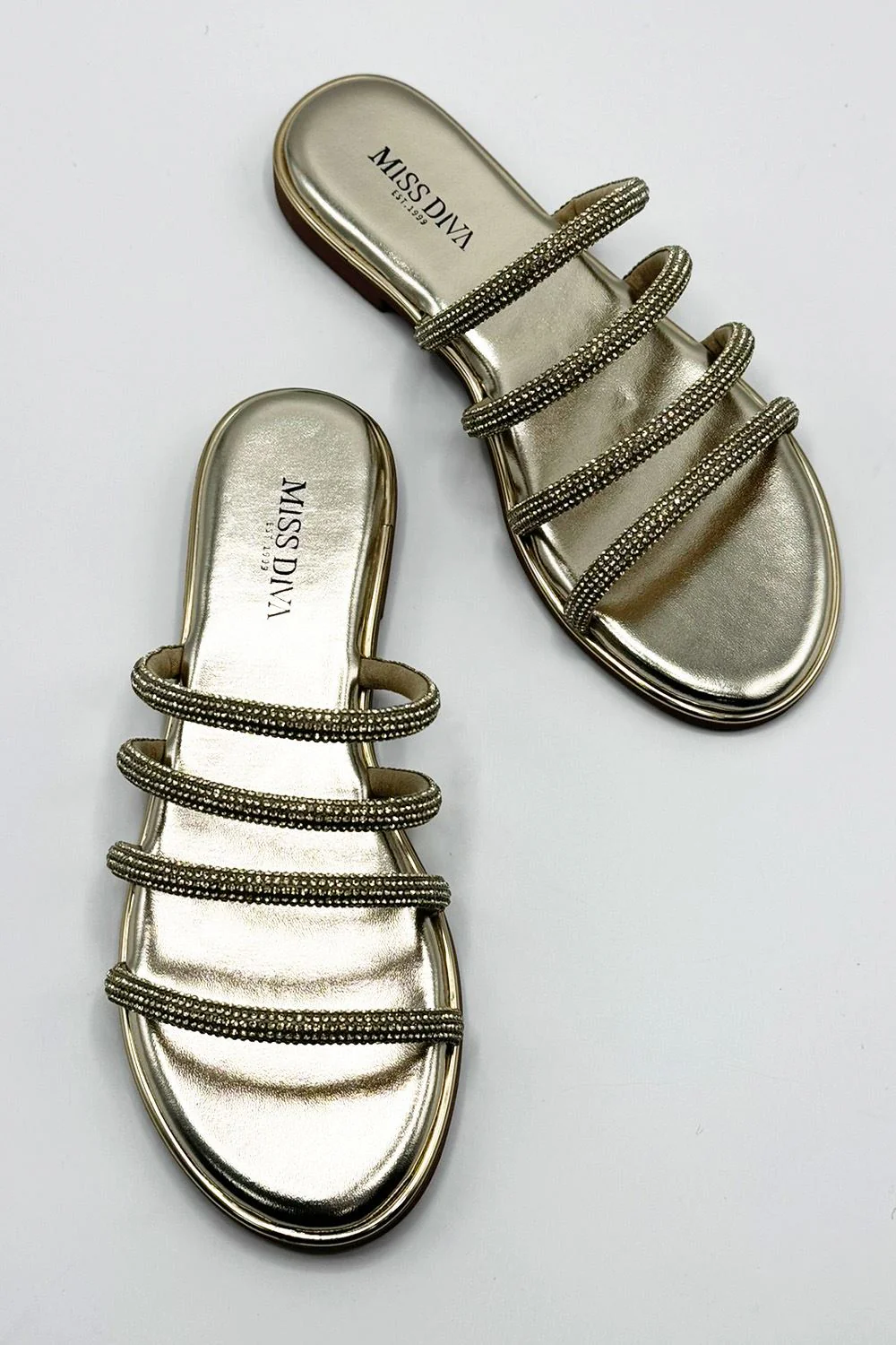Sirra Diamante Embellished 4 Strap Sliders in Gold - Image 4
