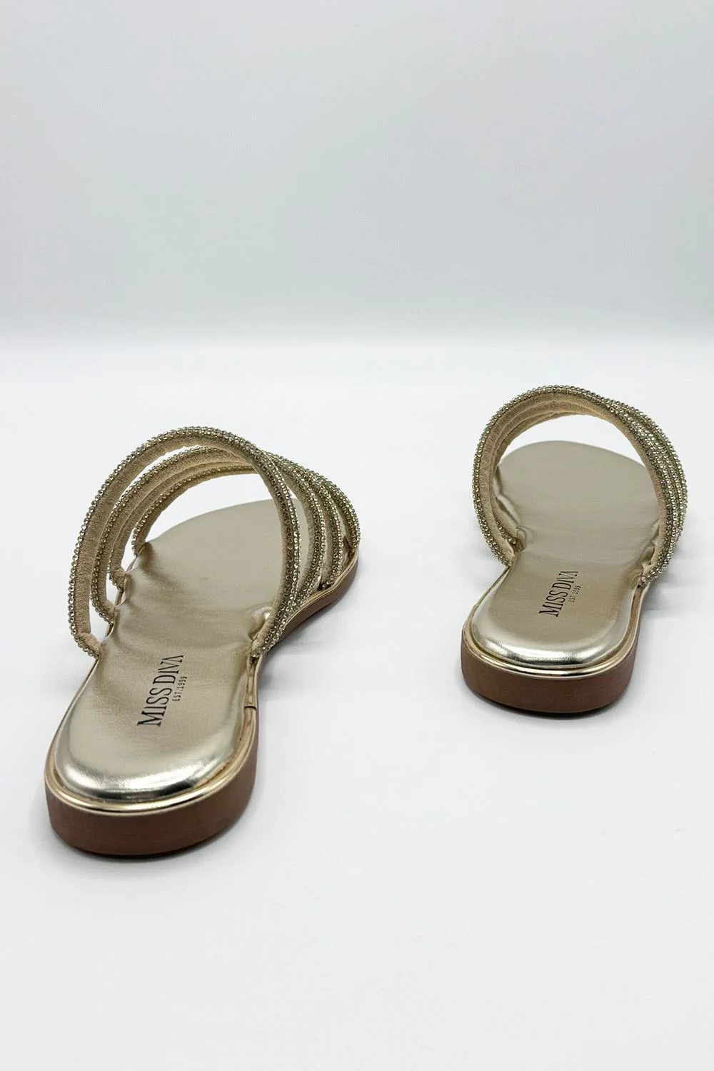 Sirra Diamante Embellished 4 Strap Sliders in Gold - Image 5