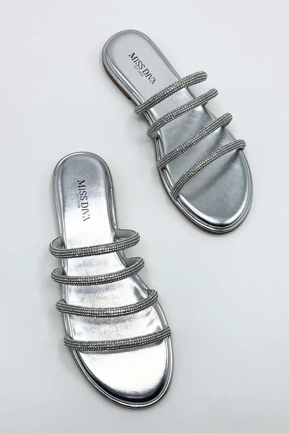 Sirra Diamante Embellished 4 Strap Sliders in Silver - Image 4