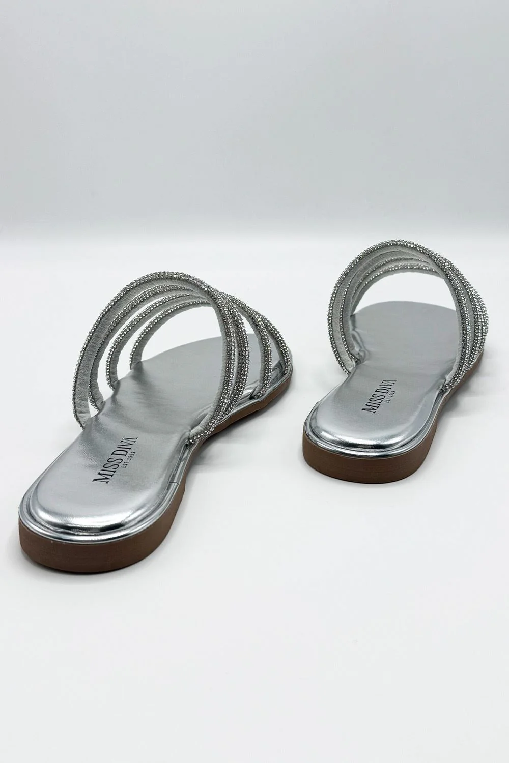 Sirra Diamante Embellished 4 Strap Sliders in Silver - Image 5