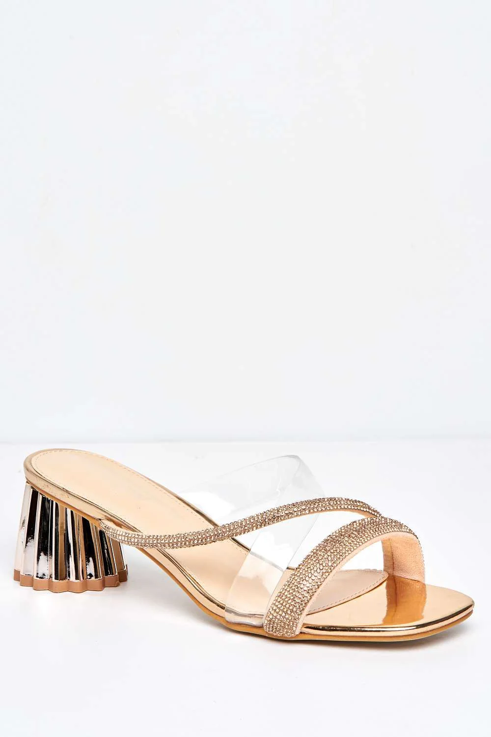 Solaya Structured Block Heel Diamante Mules in Champagne - Image 4