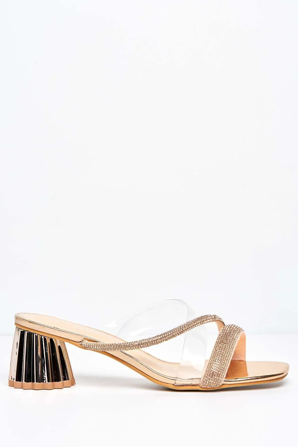 Solaya Structured Block Heel Diamante Mules in Champagne - Image 5