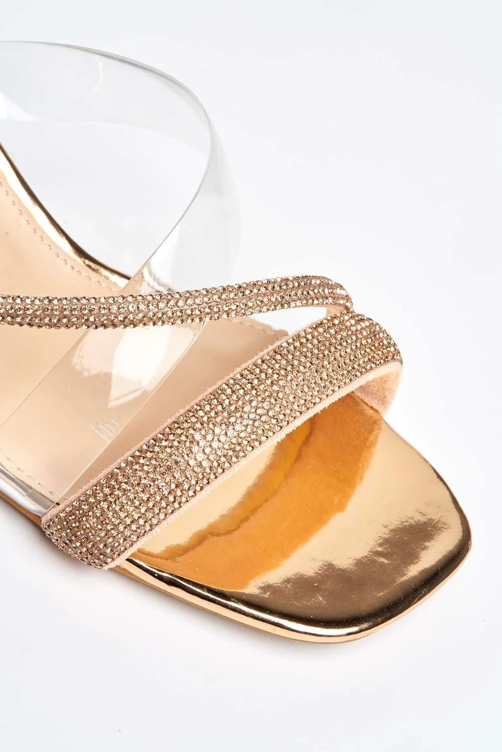 Solaya Structured Block Heel Diamante Mules in Champagne - Image 6