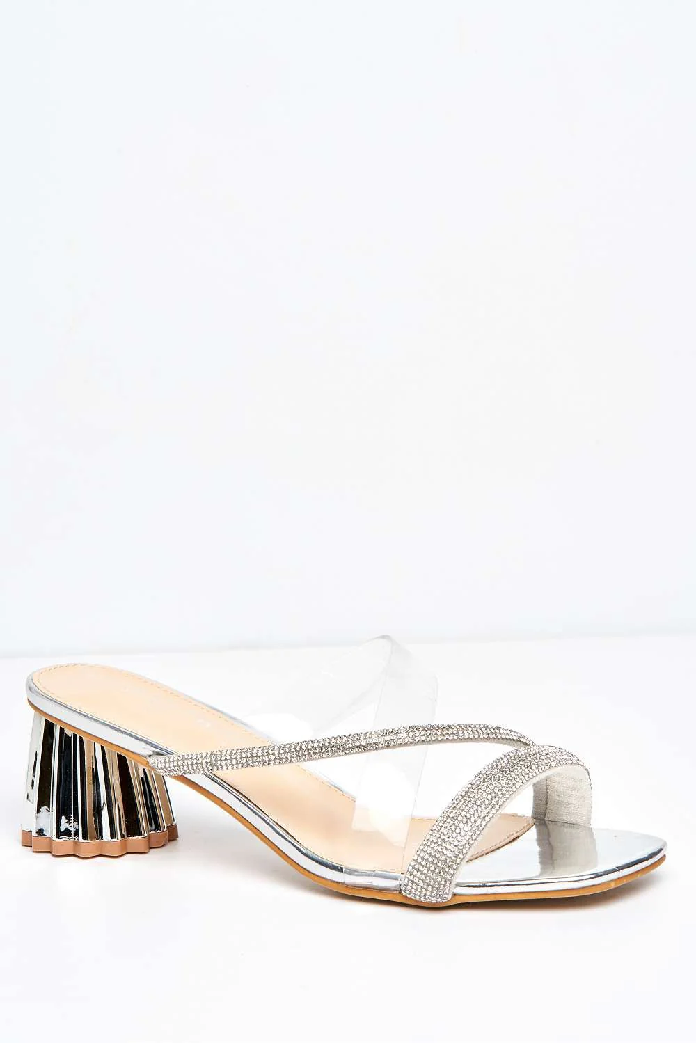 Solaya Structured Block Heel Diamante Mules in Silver - Image 4