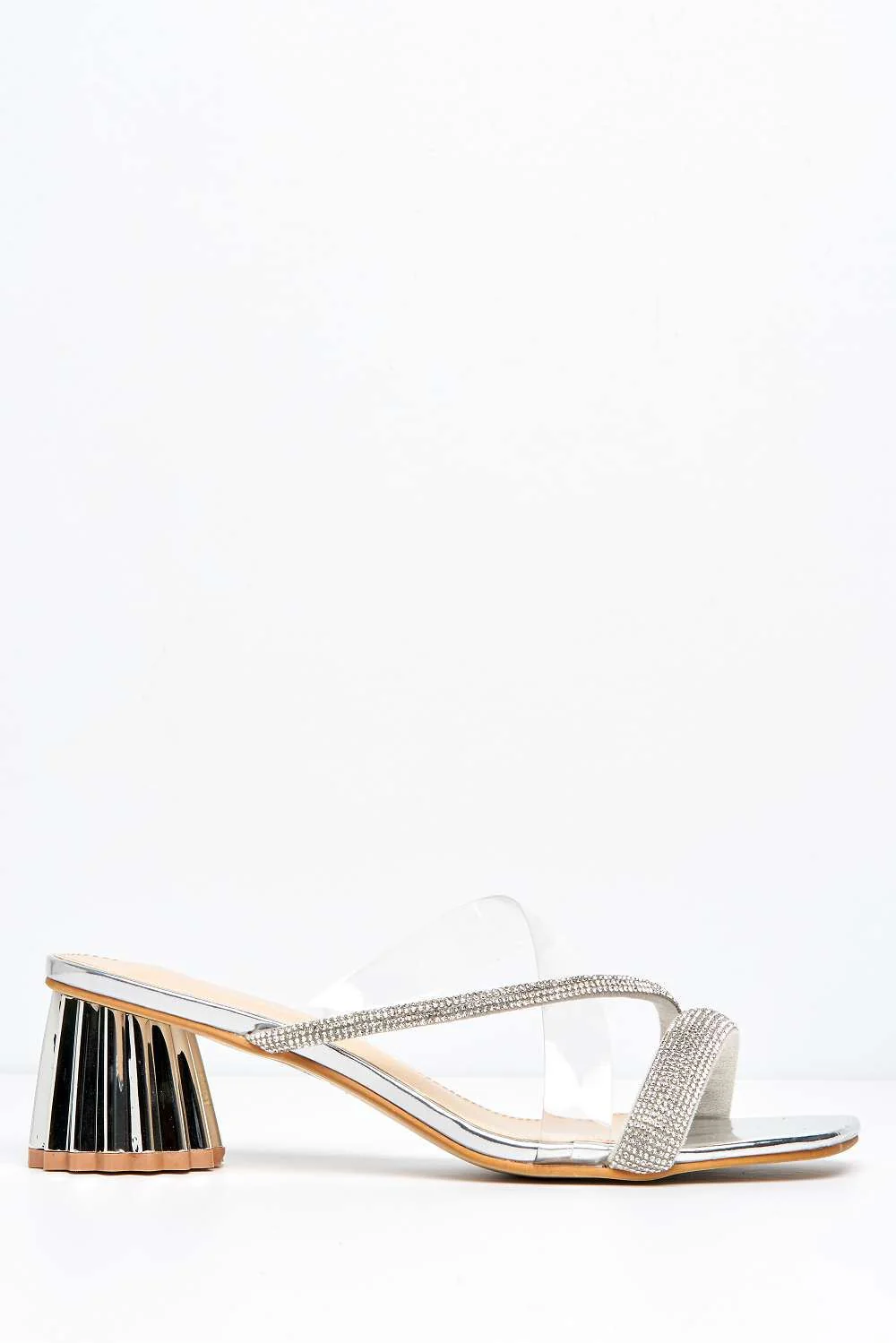 Solaya Structured Block Heel Diamante Mules in Silver - Image 5