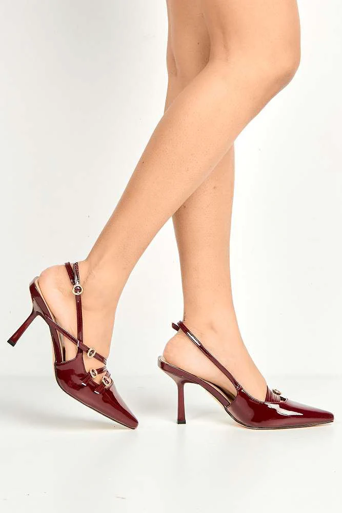 Sonora 3 Buckle Detail Slingback Heeled Court Shoes in Wine - Image 3
