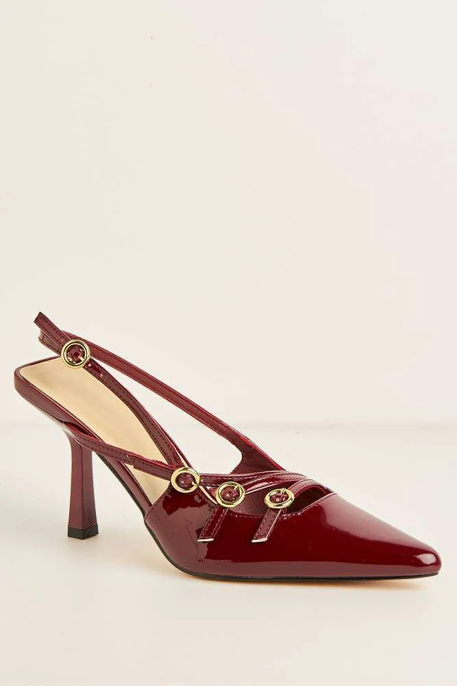 Sonora 3 Buckle Detail Slingback Heeled Court Shoes in Wine - Image 4