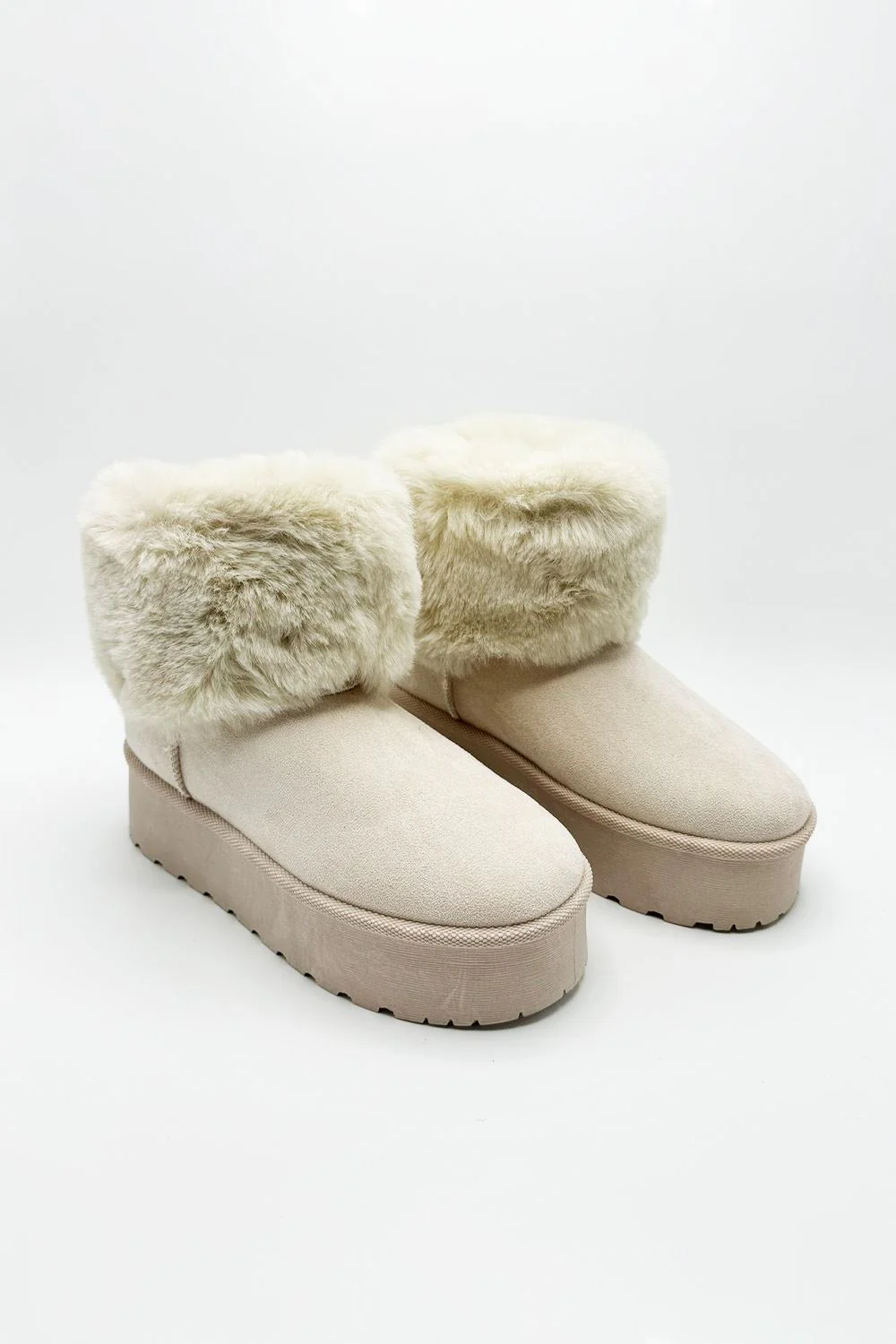 Sonya Faux Fur Flatform Ankle Boots in Beige