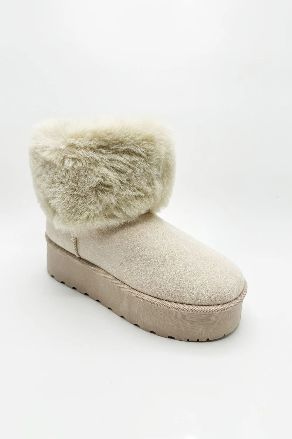 Sonya Faux Fur Flatform Ankle Boots in Beige - Image 2